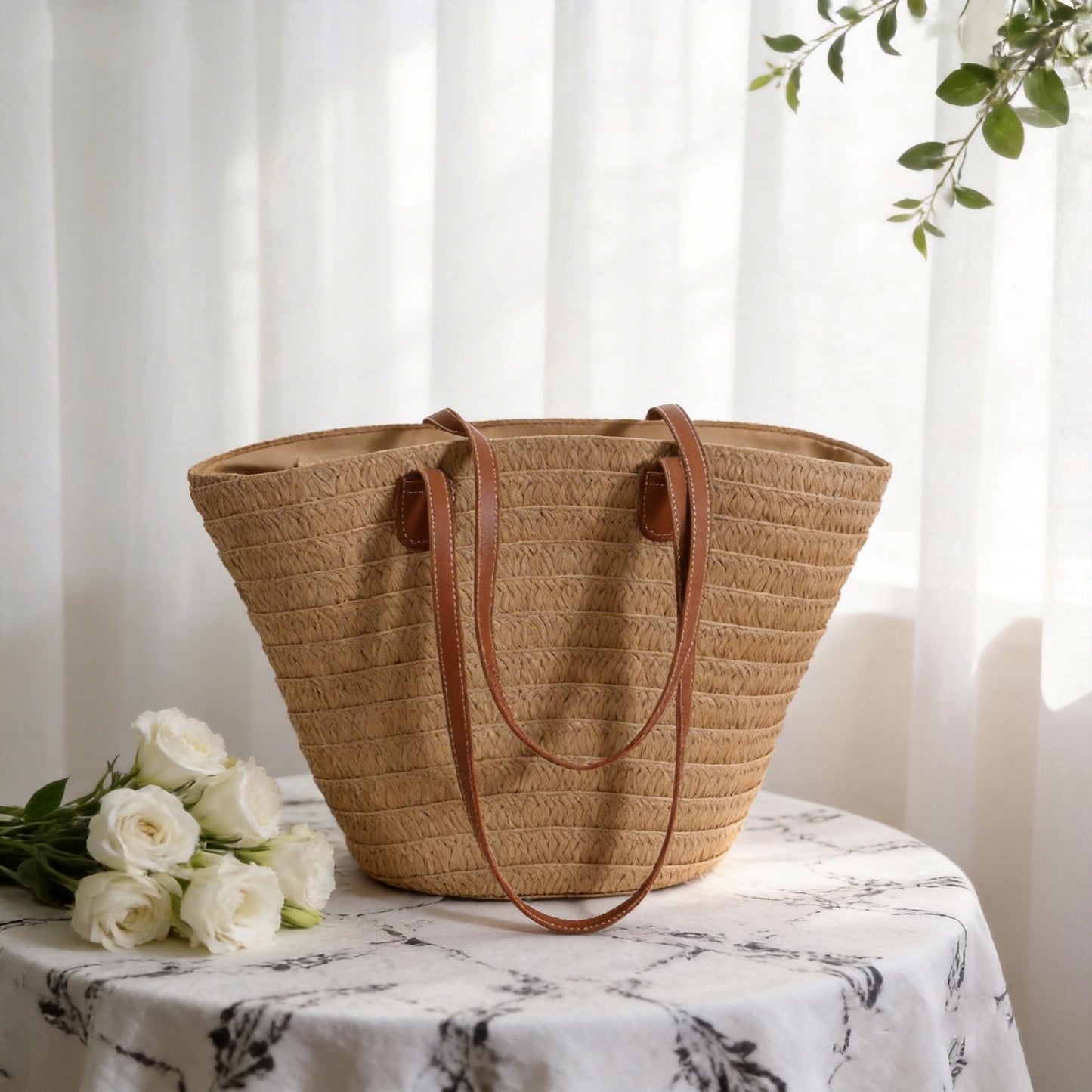 Handmade Straw Bag with Leather Handles | Summer Raffia Tote Hand Bag | Beach Vacation Purse