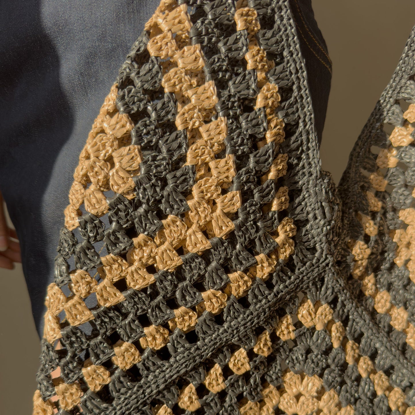 Crochet Raffia Tote Bag, Handcrafted Granny Square Bag, Summer Mesh Straw Bag, Boho Beach &amp; Everyday Use, Handmade Gift for Vegans