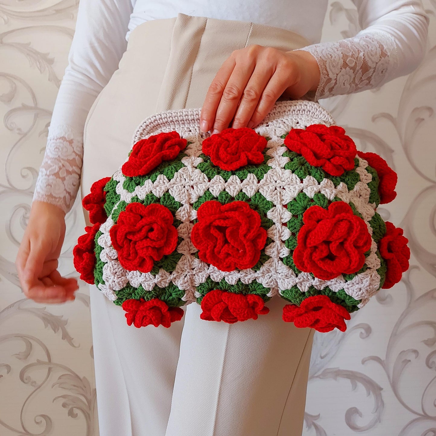 Crochet Rose Granny Square Kiss Lock Bag: Handmade Cotton Purse, Galentine's Day Gifts Bag, Valentine Tote Bag