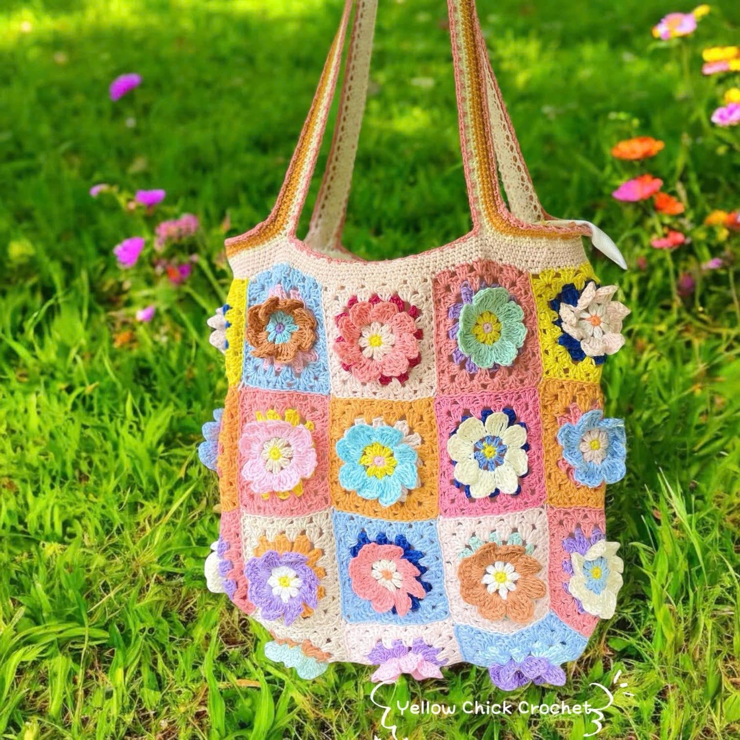 Flower Tote bag, Floral bag, Crochet Granny square bag, handmade shoulder bag, pink flower summer beach bag, mother's day gift, easter gift