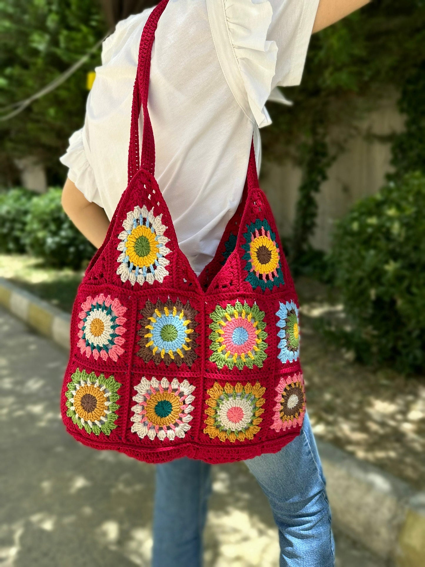 Crochet Granny Square Tote Bag: Red Boho Shoulder Bag, Handmade Hobo Bag