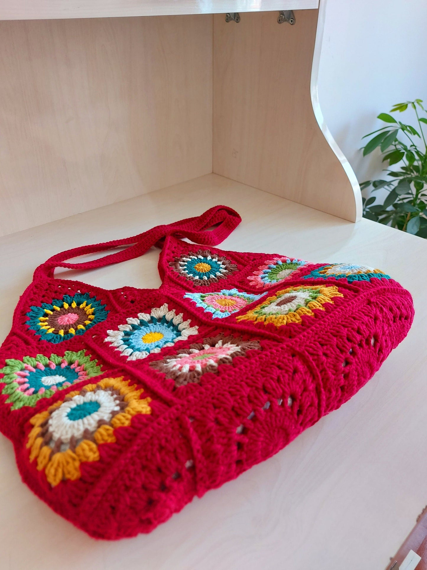 Red Granny Square Shoulder Bag: Crochet Tote Bag