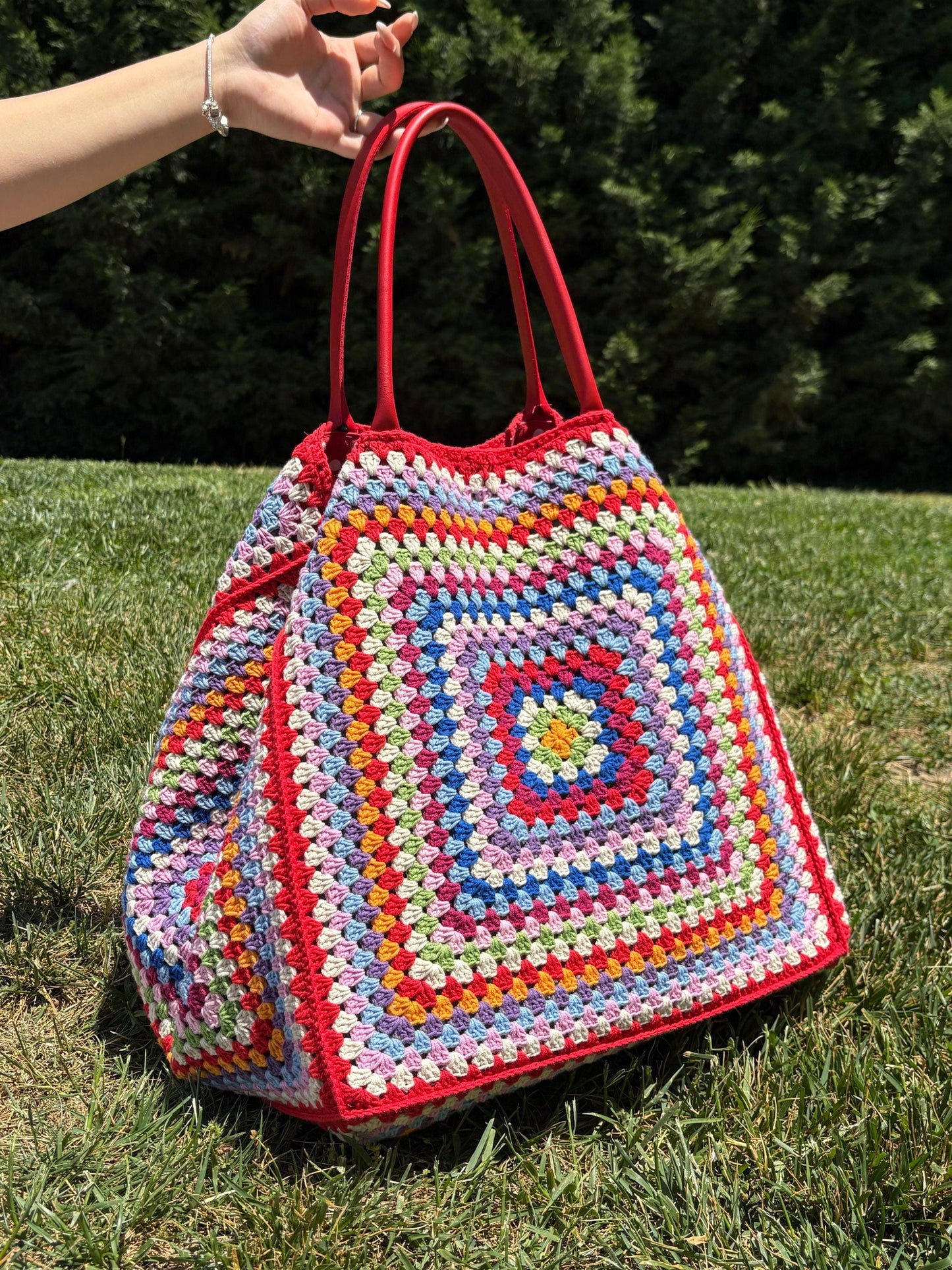XXL Crochet Granny Square Tote: Leather Handles, Boho Weekender, Spring Style Bag