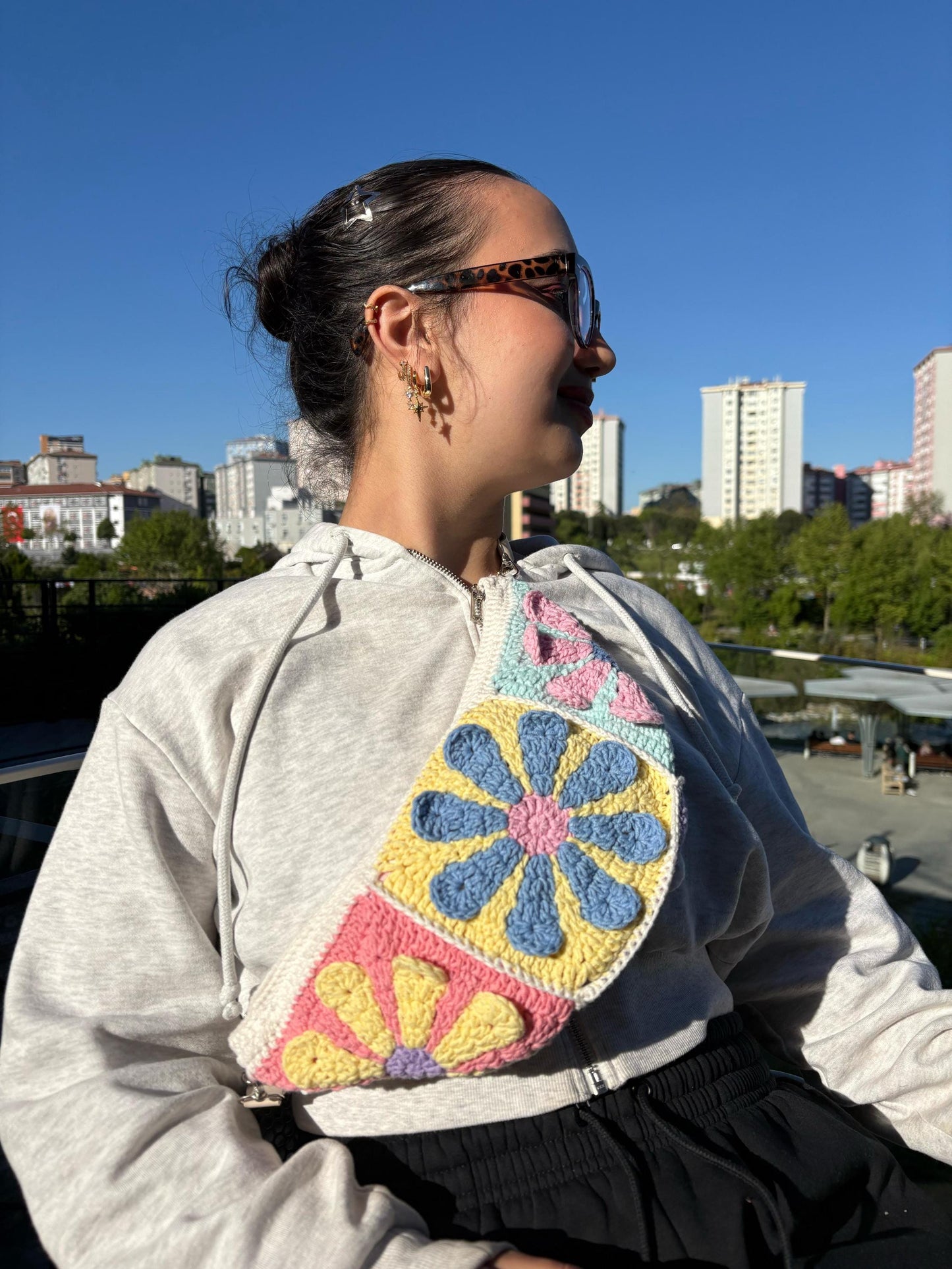 Crochet Granny Square Crossbody Bag: Bohemian Cotton Blend Bum Bag, Aesthetic Spring Style