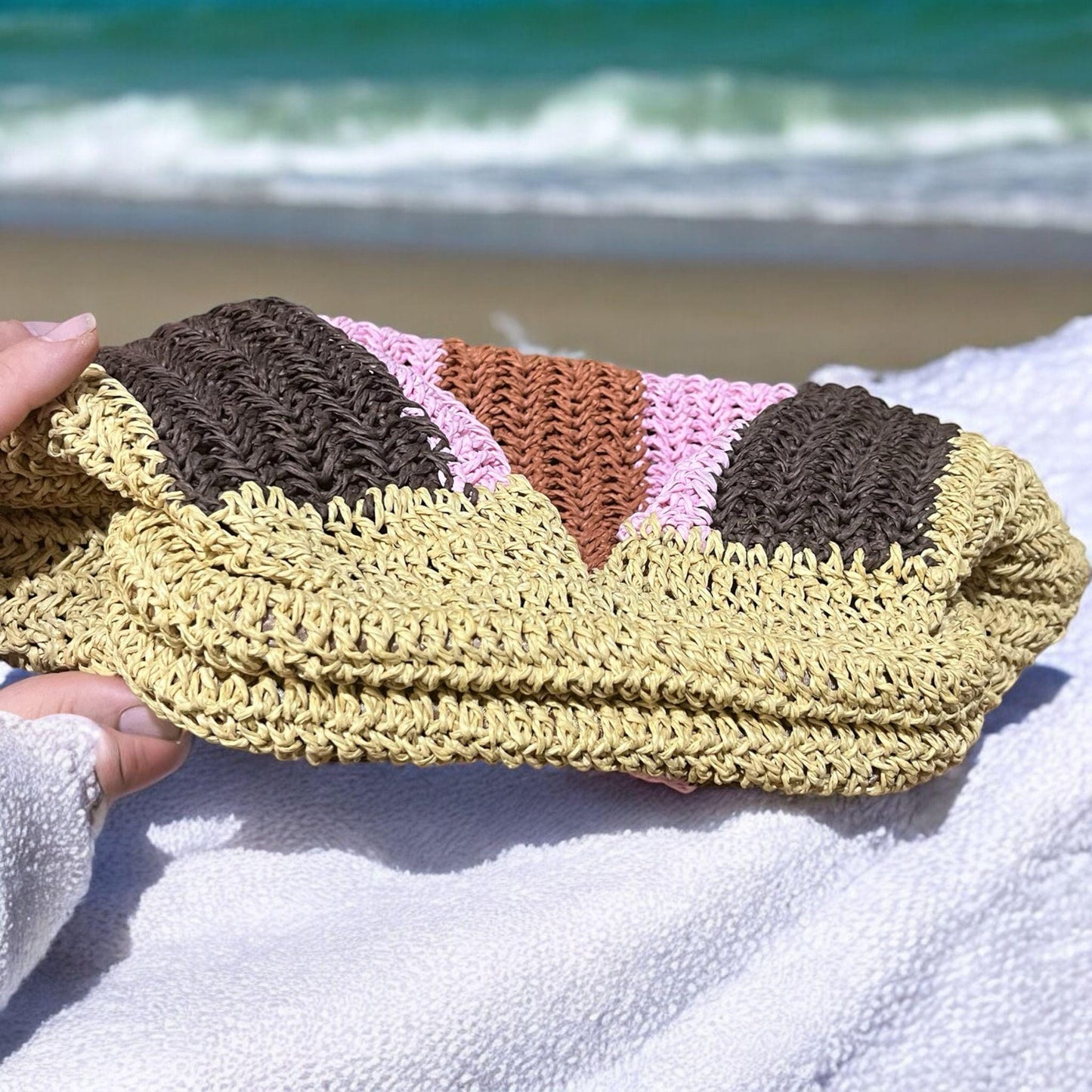 Striped Raffia Crochet Bag: Handmade Paper Rope Handbag