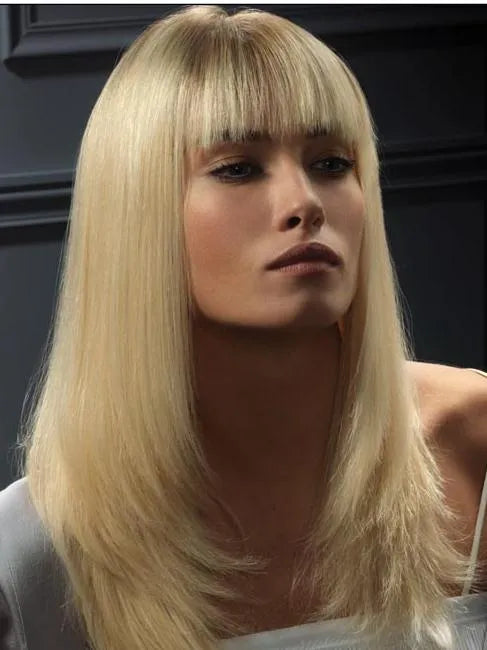 Best Full Lace Wig Long Straight Blonde Wig with Bang 100% Remy Human Hair 16 Inches