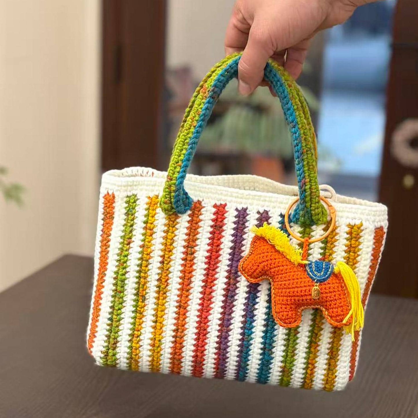 Handmade Crochet Tote Bag, Colorful Striped Cotton Bag, Handbag Gift for Her