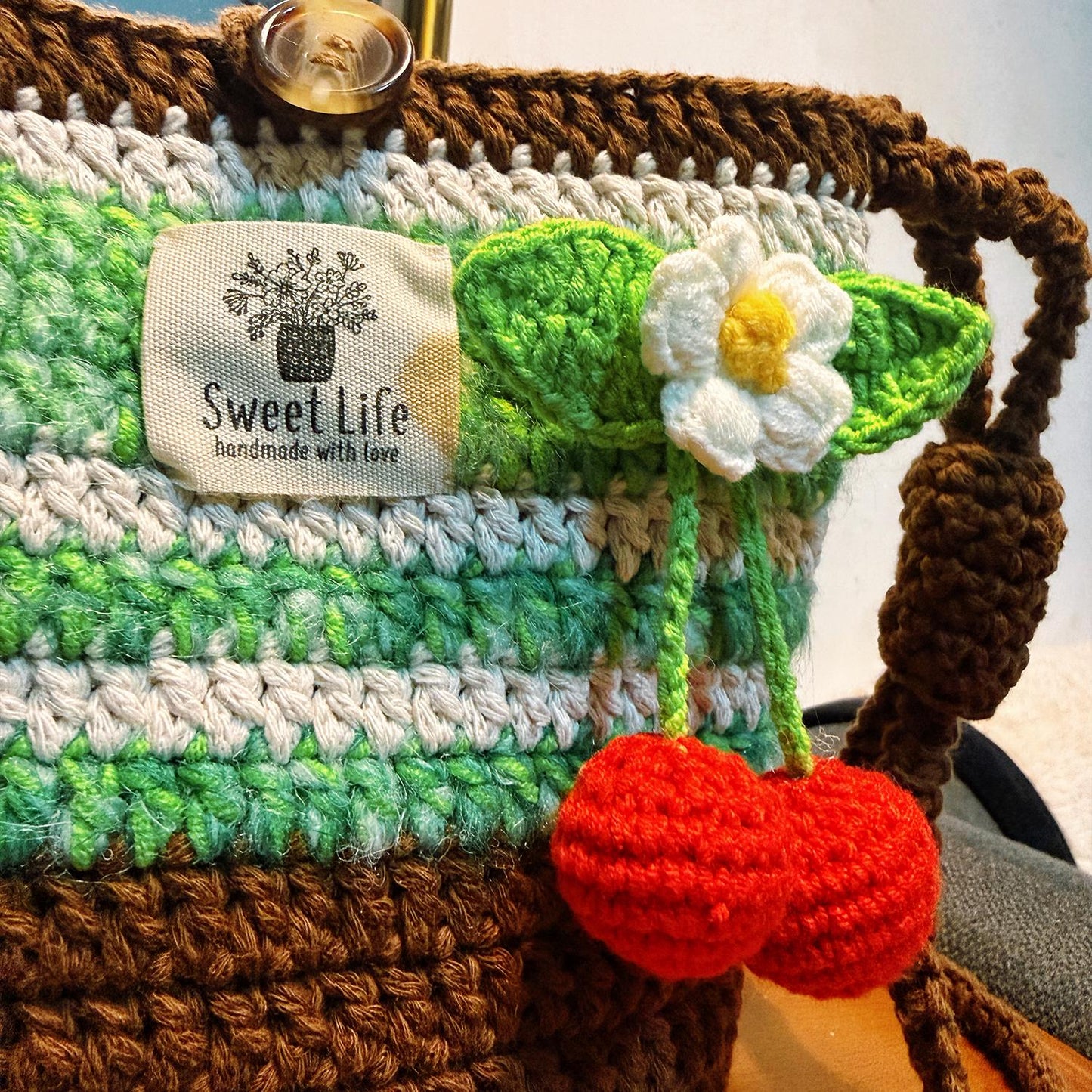 Handmade Crochet Tote Bag, Woodland Cherry Shoulder Bag, Handbag Gift for Her