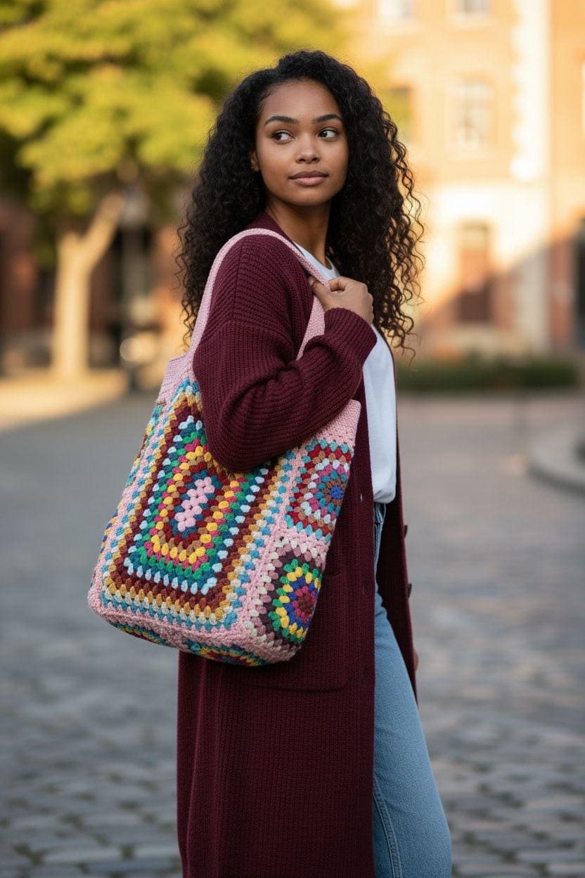 Crochet Granny Square Tote Bag: Boho Vintage Shoulder Bag