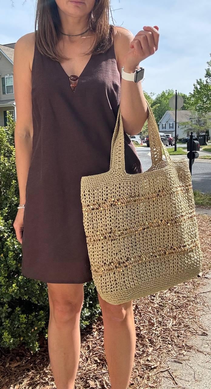 Handmade Raffia Crochet Tote Bag with Sequins, Boho Beach Accessory