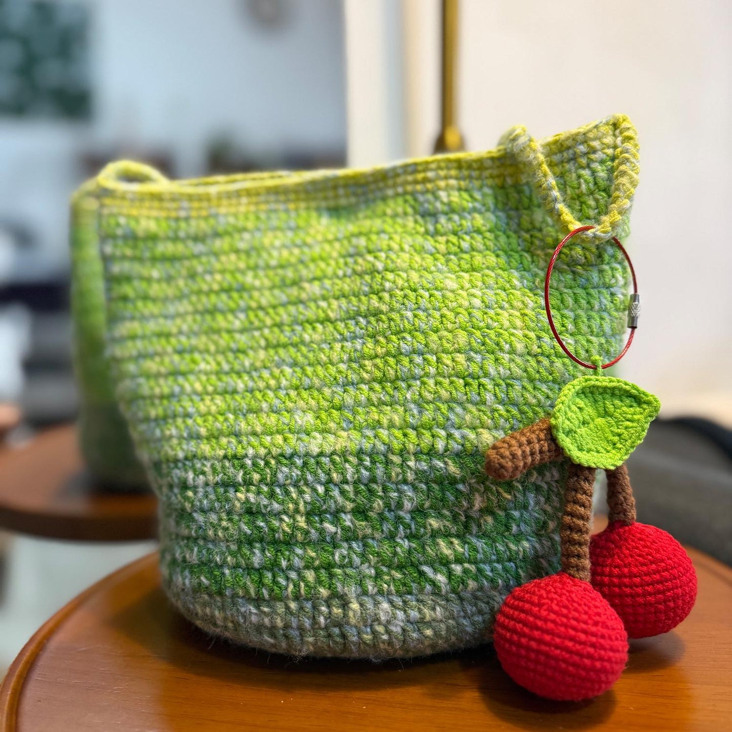 Handmade Crochet Tote Bag, Cherry Charm Cotton Shoulder Bag, Handbag Gift for Her