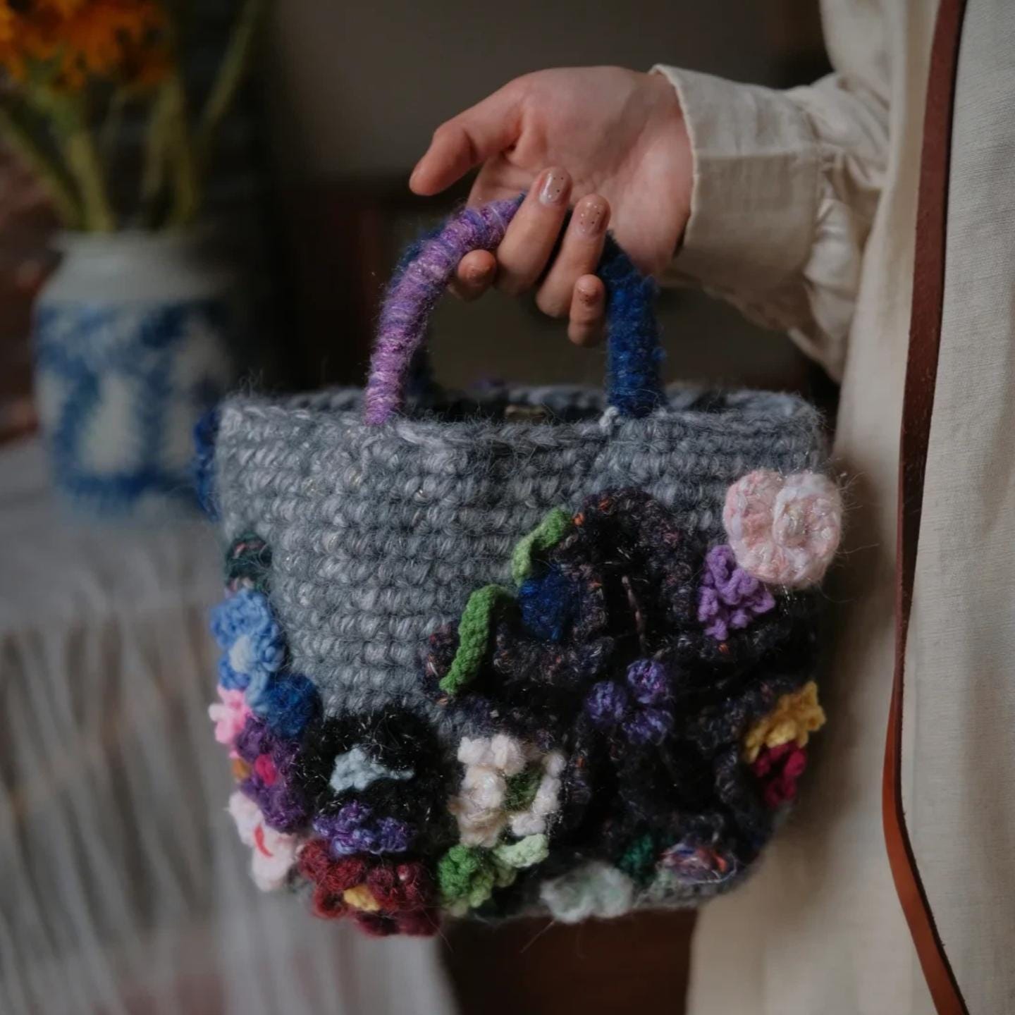 Handmade 3D Flower Crochet Bag, Boho Tote, Colorful Textured Knit Purse, Unique Artisan Handbag, Mother's Day Gift for Mom