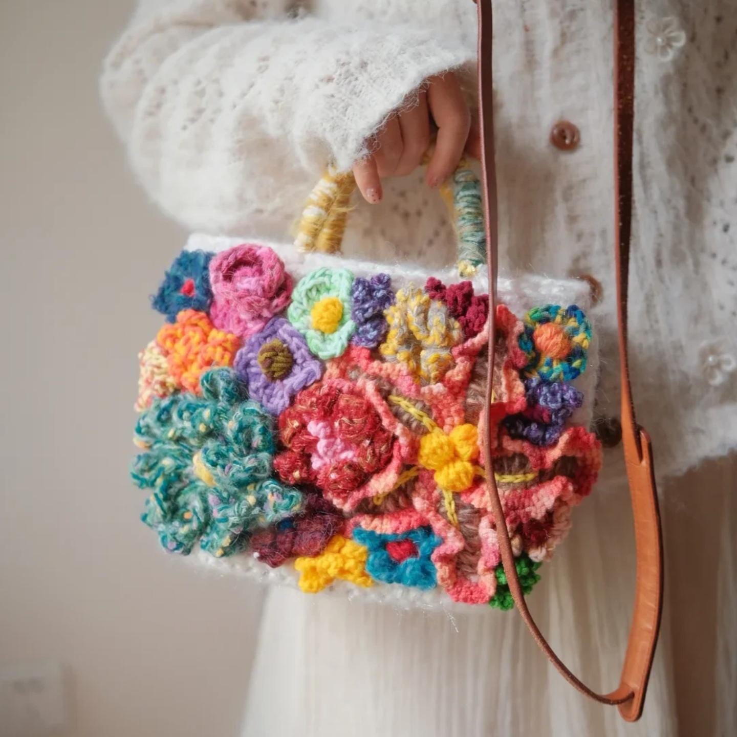 Handmade 3D Flower Crochet Bag, Boho Tote, Colorful Textured Knit Purse, Unique Artisan Handbag, Mother's Day Gift for Mom