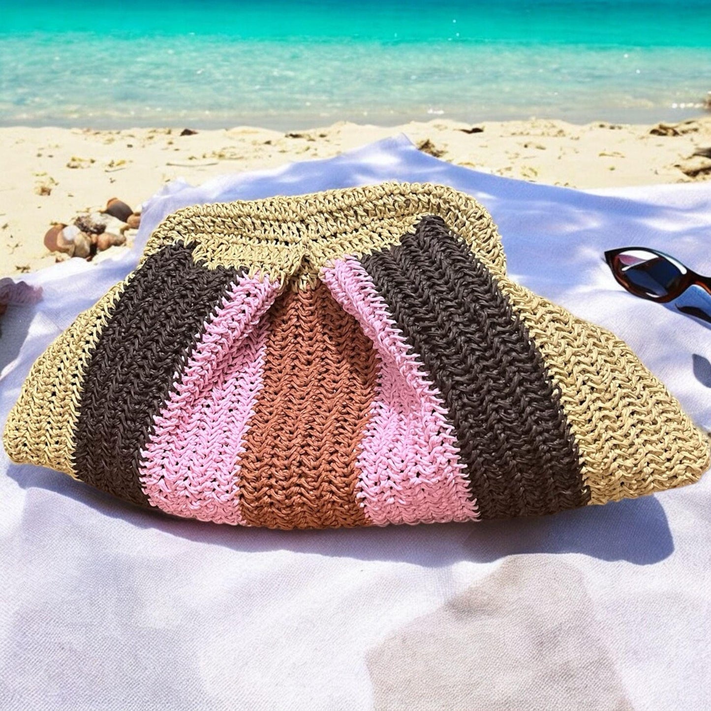 Striped Raffia Crochet Bag: Handmade Paper Rope Handbag