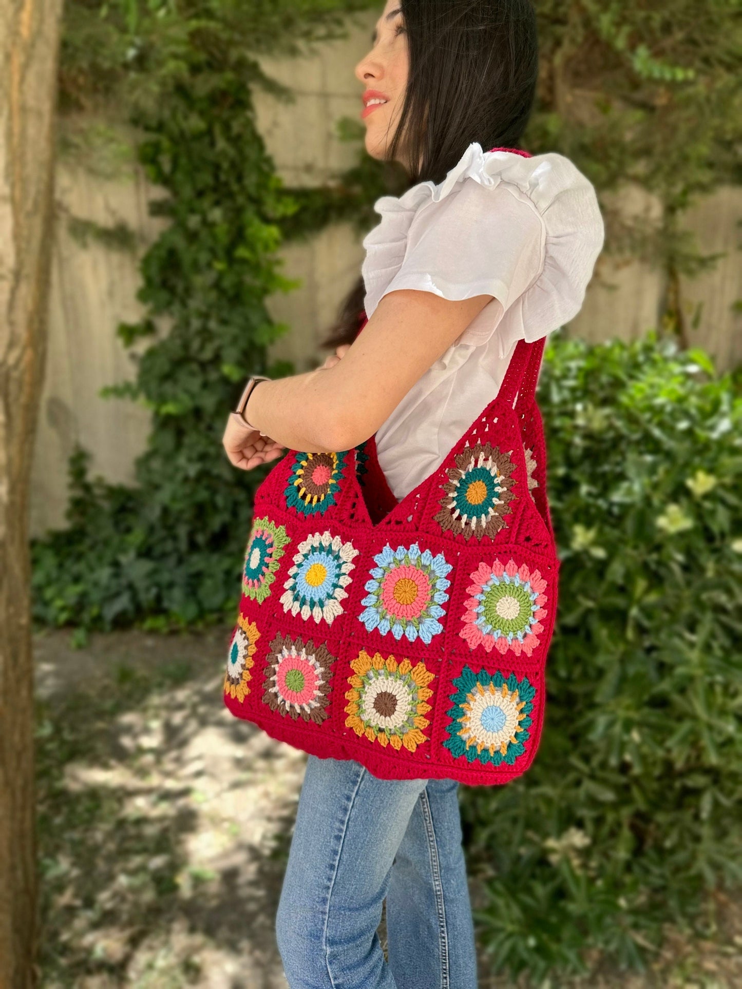 Crochet Granny Square Tote Bag: Red Boho Shoulder Bag, Handmade Hobo Bag