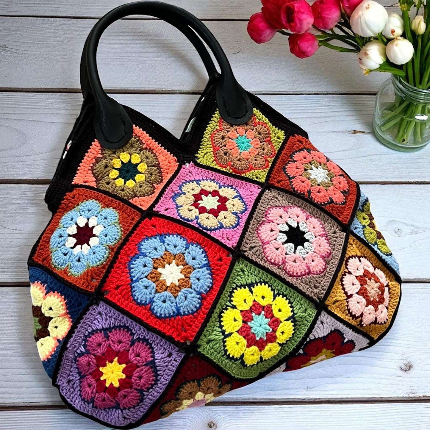 Colorful Granny Square Crochet Tote Bag â€?Handmade Boho Market Bag â€?Retro Patchwork Purse