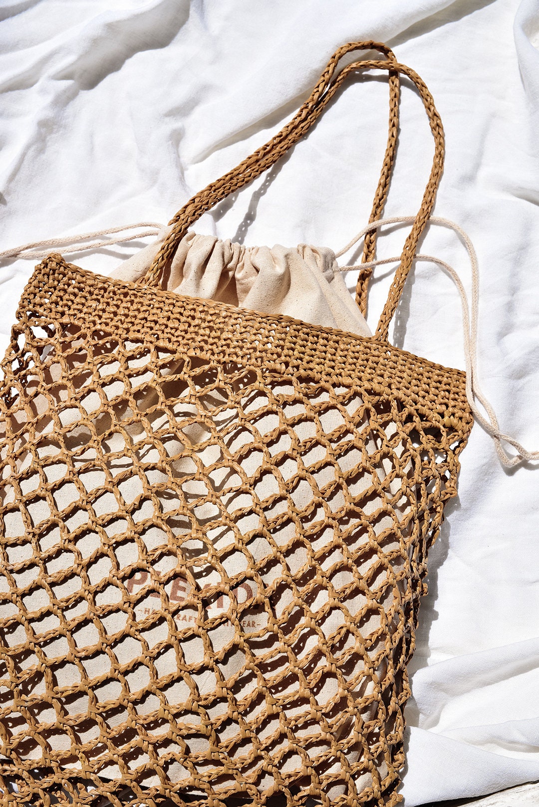 Raffia Net Bag in Tan, Crochet Raffia Tote, Summer Tote Bag, Straw Mesh Bag, Handcrafted Tote, Net Shoulder Bag