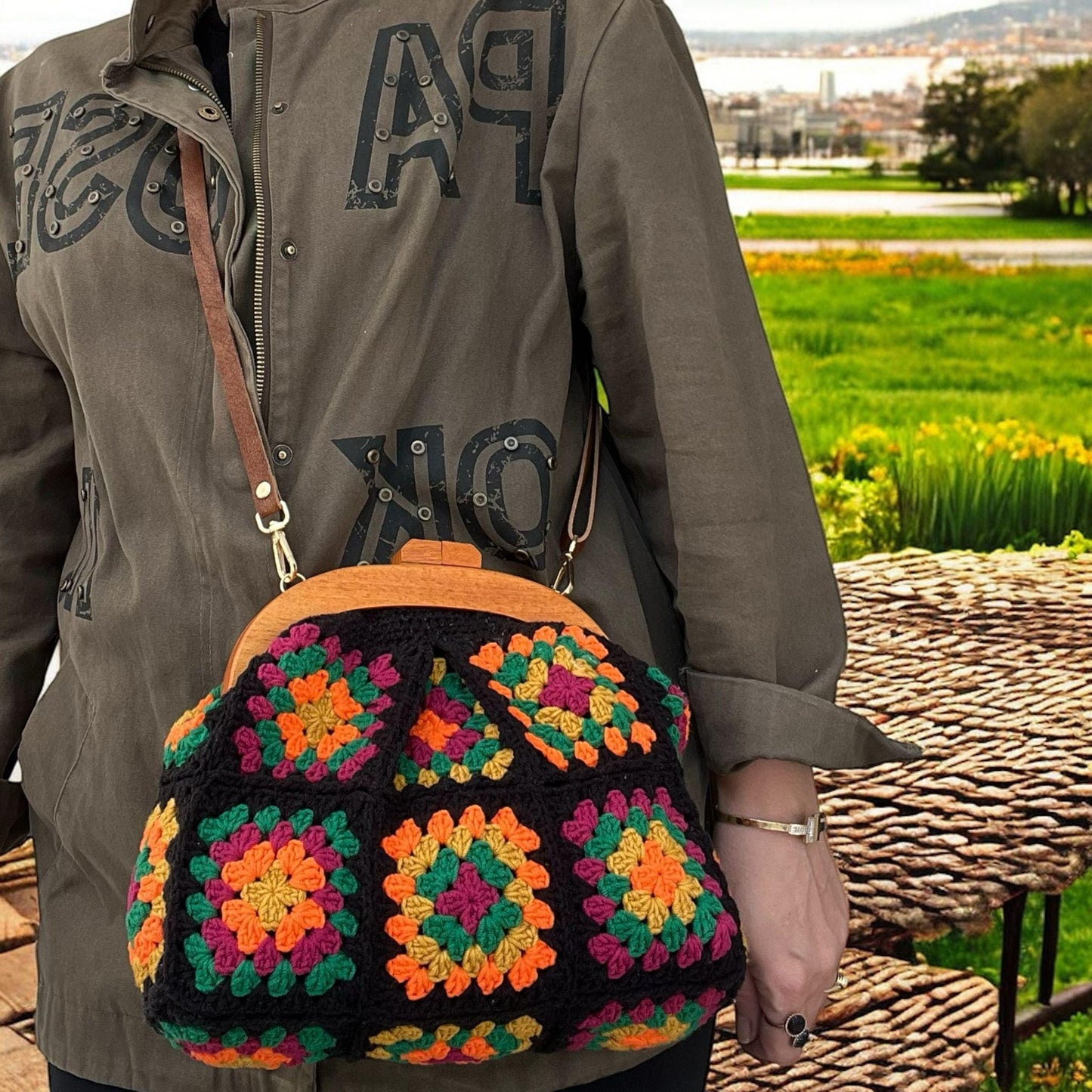 Handmade Crochet Granny Square Bag: Colorful Bohemian Purse with Wooden Clasp