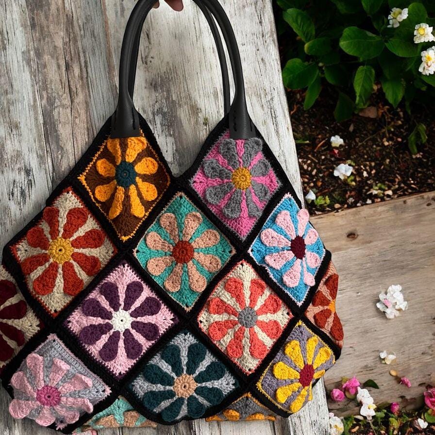 Handmade Crochet Granny Square Bag â€?Flower Power Tote â€?Colorful Beach Shoulder Bag