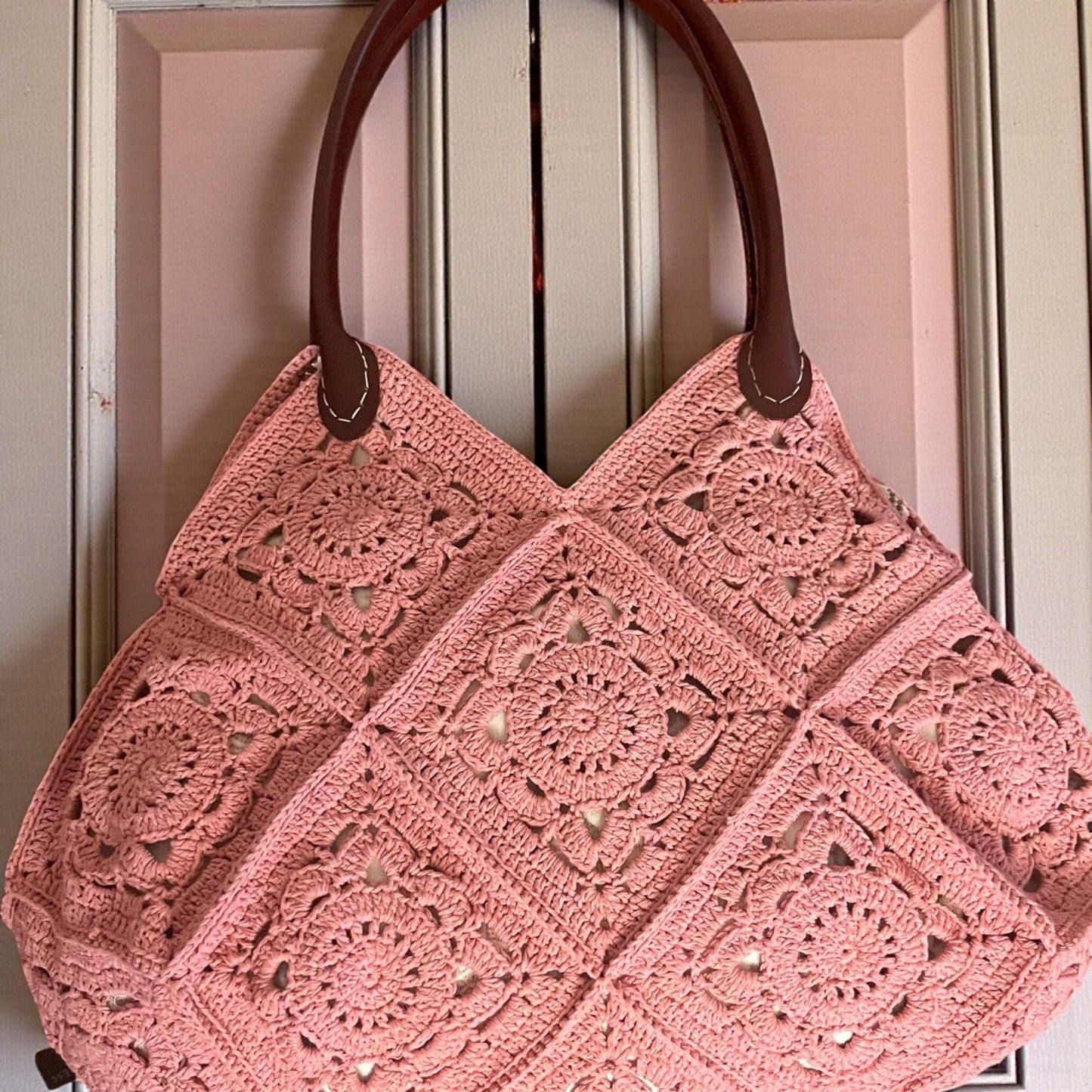 Pink Crochet Tote Bag â€?Handmade Granny Square Shoulder Bag, Boho Floral Purse, Vintage Style