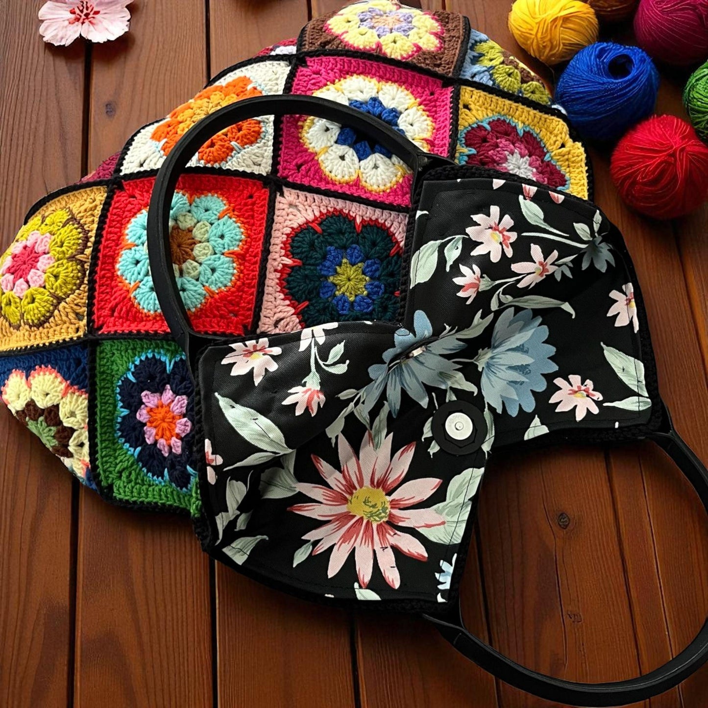 Colorful Granny Square Crochet Tote Bag â€?Handmade Boho Market Bag â€?Retro Patchwork Purse