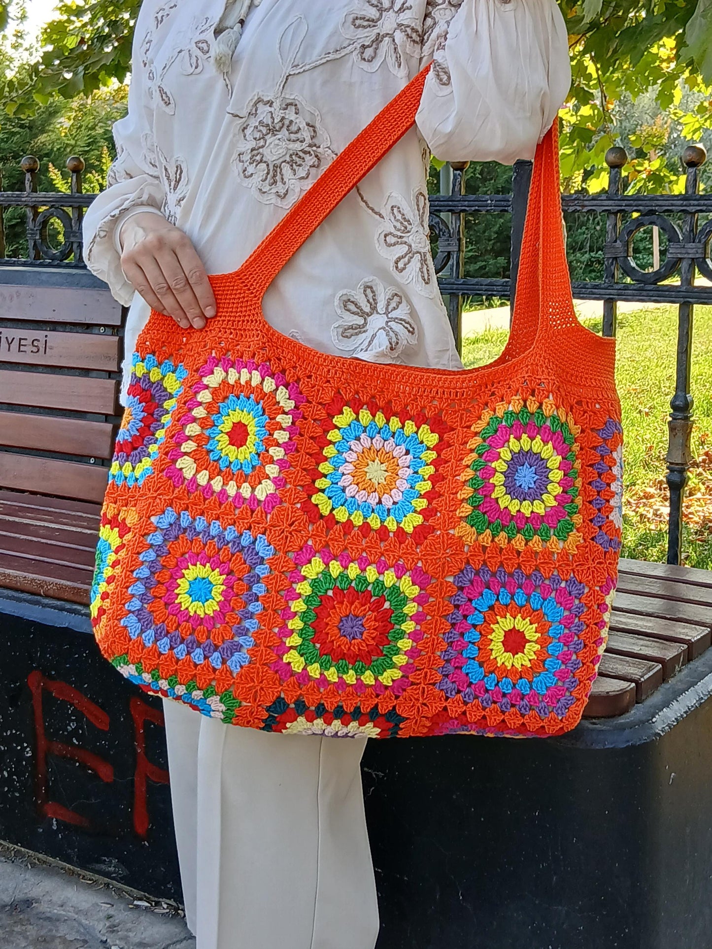 Granny Square Tote Bag, Shoulder Bag Purses for Women, Orange Purse and Handbag Crochet