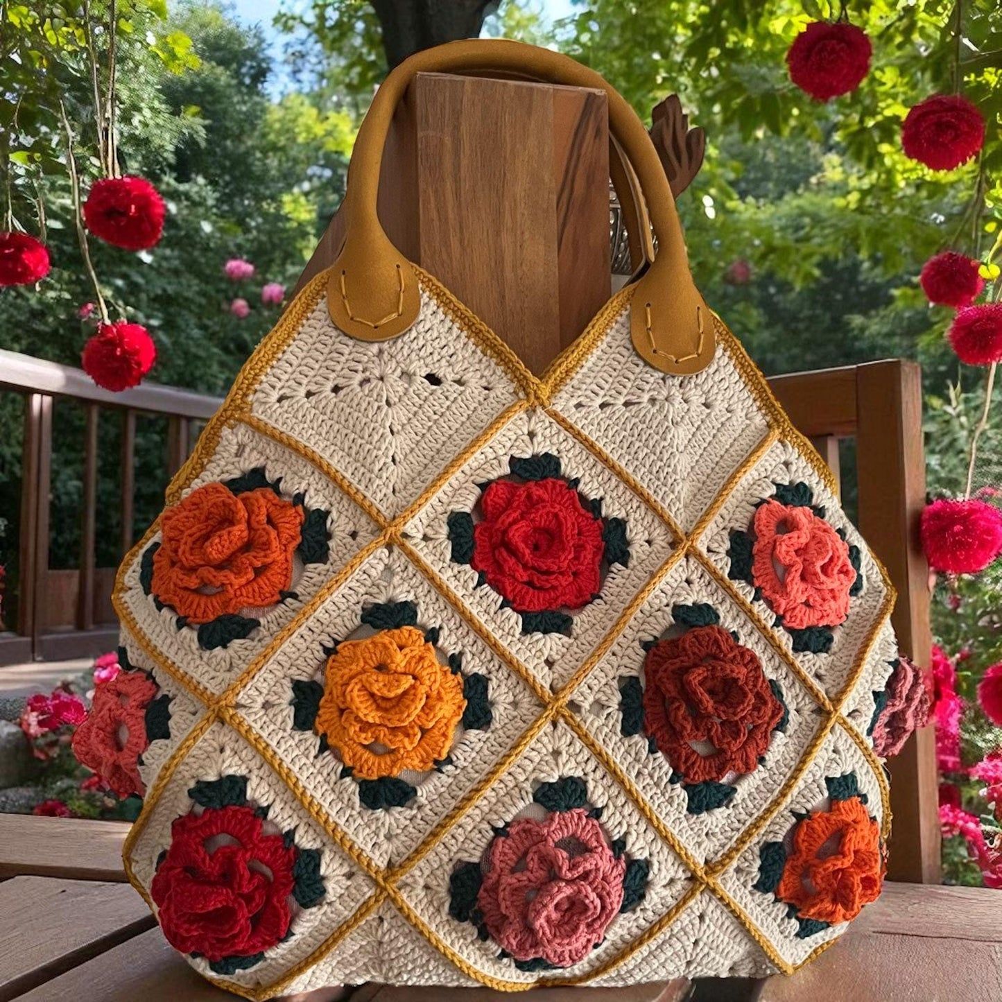 Handmade Crochet 3D Rose Tote Bag, Granny Square Purse, Boho Floral Handbag