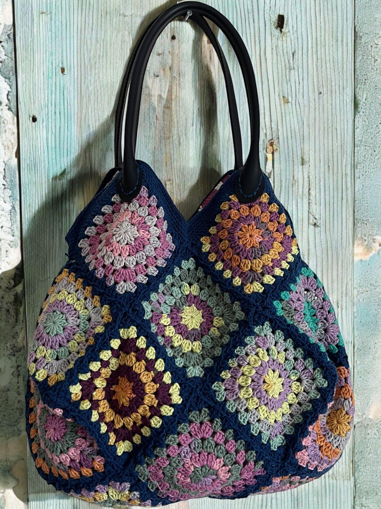 Navy Blue Crochet Bag: Handmade Granny Square Tote with Leather Handles