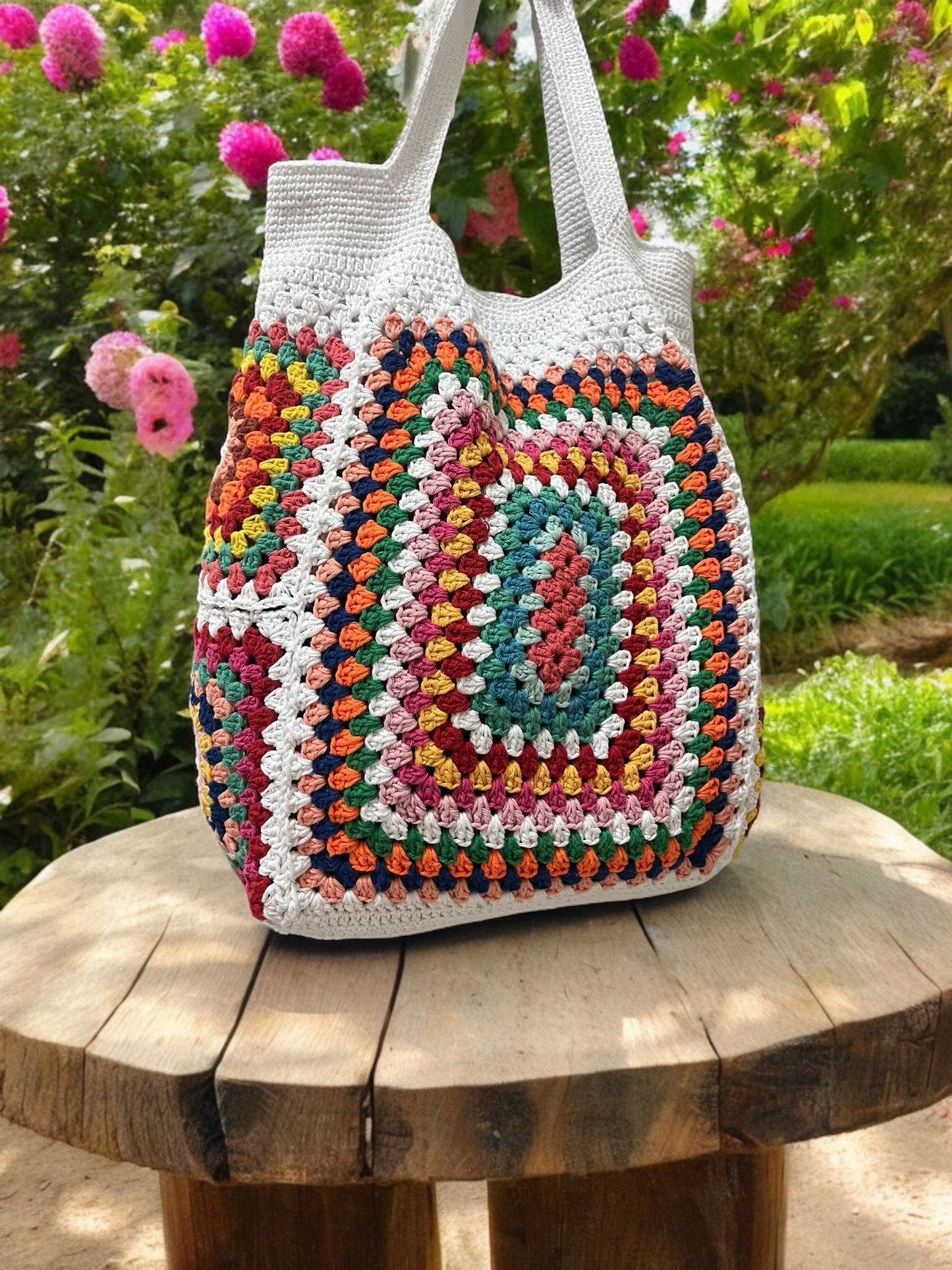 Crochet Granny Square Tote Bag: Colorful Boho Beach Bag