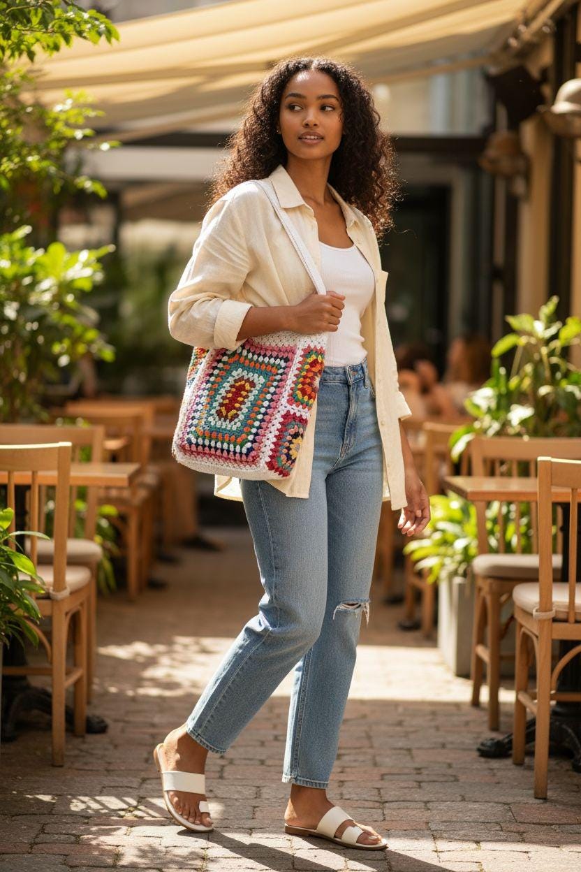 Crochet Granny Square Tote Bag: Colorful Boho Beach Bag