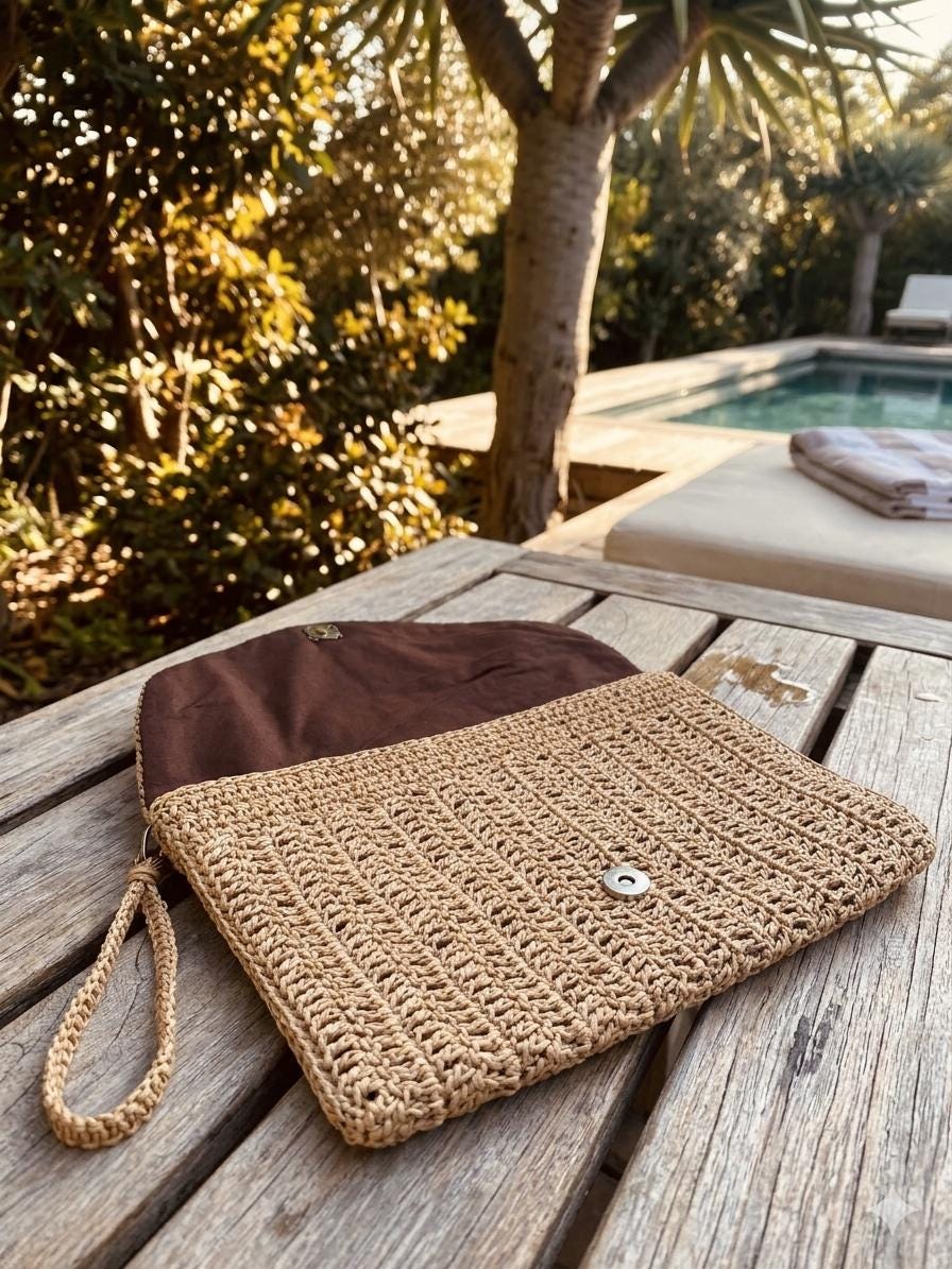 Crochet Sea Shell Clutch: Handmade Raffia Bag with Cotton Lining