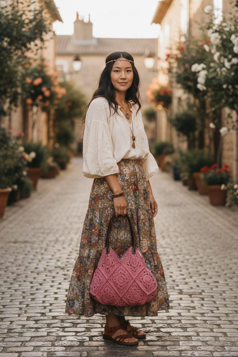 Pink Crochet Tote Bag â€?Handmade Granny Square Shoulder Bag, Boho Floral Purse, Vintage Style