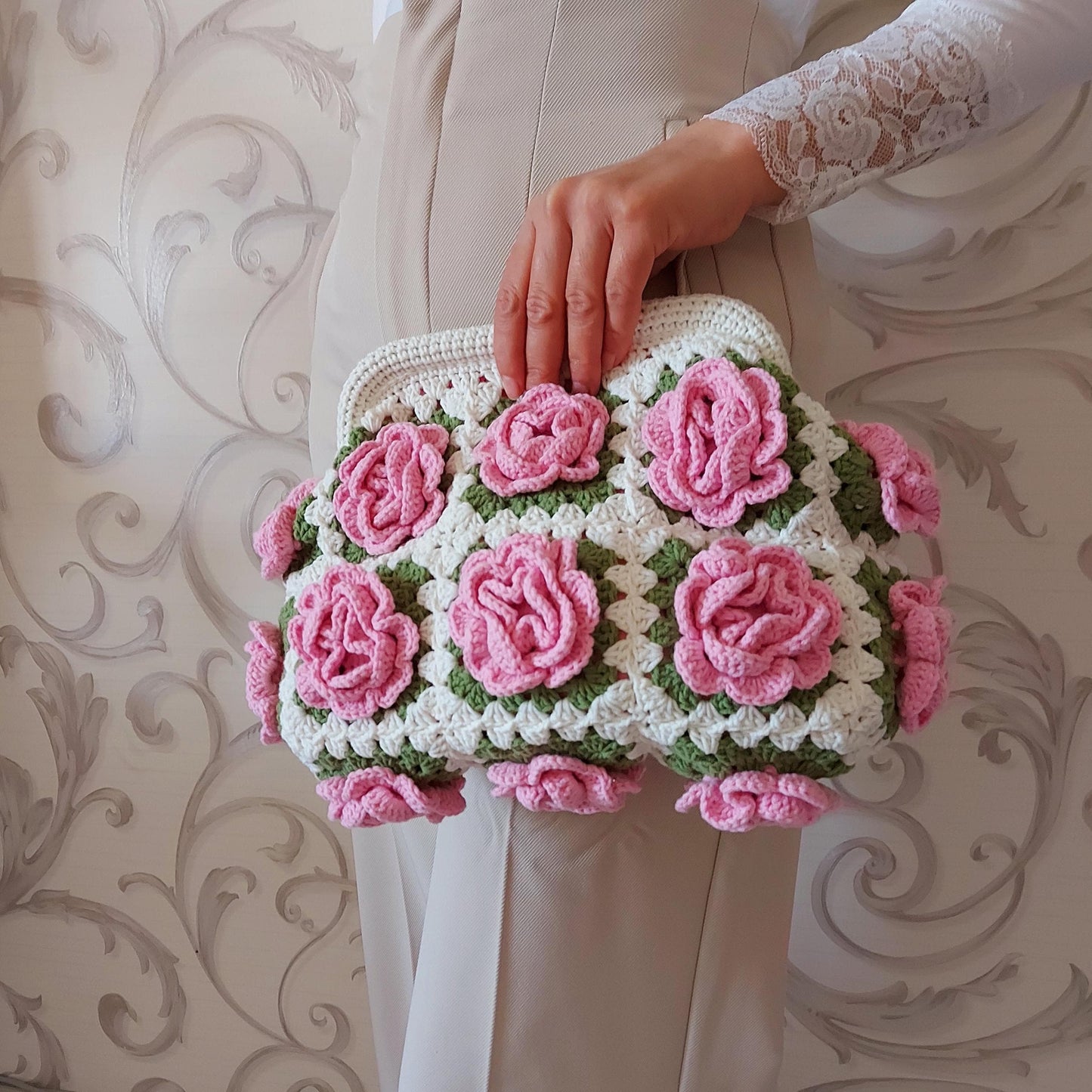 Crochet Rose Granny Square Kiss Lock Bag: Handmade Cotton Purse, Galentine's Day Gifts Bag, Valentine Tote Bag