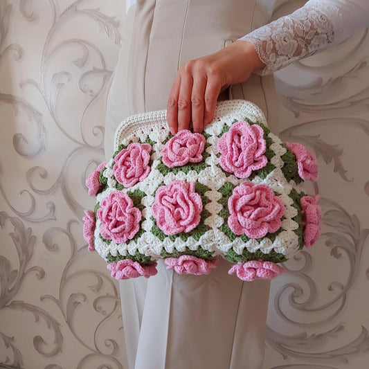 Crochet Rose Granny Square Kiss Lock Bag: Handmade Cotton Purse, Galentine's Day Gifts Bag, Valentine Tote Bag