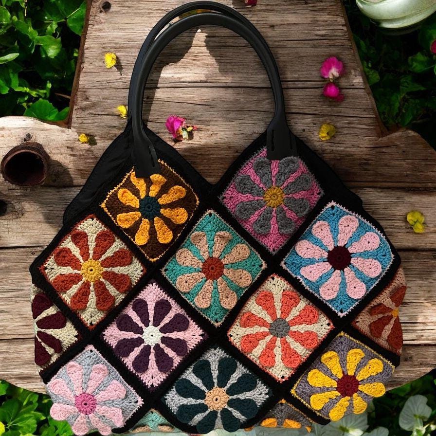 Handmade Crochet Granny Square Bag â€?Flower Power Tote â€?Colorful Beach Shoulder Bag