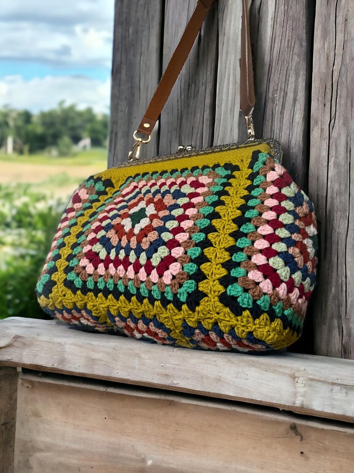 Handmade Granny Square Crochet Clutch: Vintage Style Purse with Adjustable Strap crochet bag