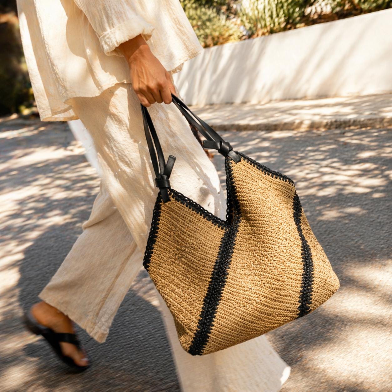 Woven Straw Tote, V-Shape Geometric Raffia Beach Bag, Boho Shoulder