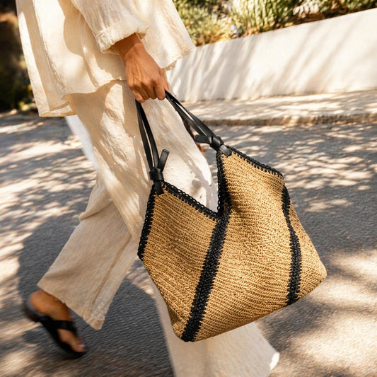 Woven Straw Tote, V-Shape Geometric Raffia Beach Bag, Boho Shoulder