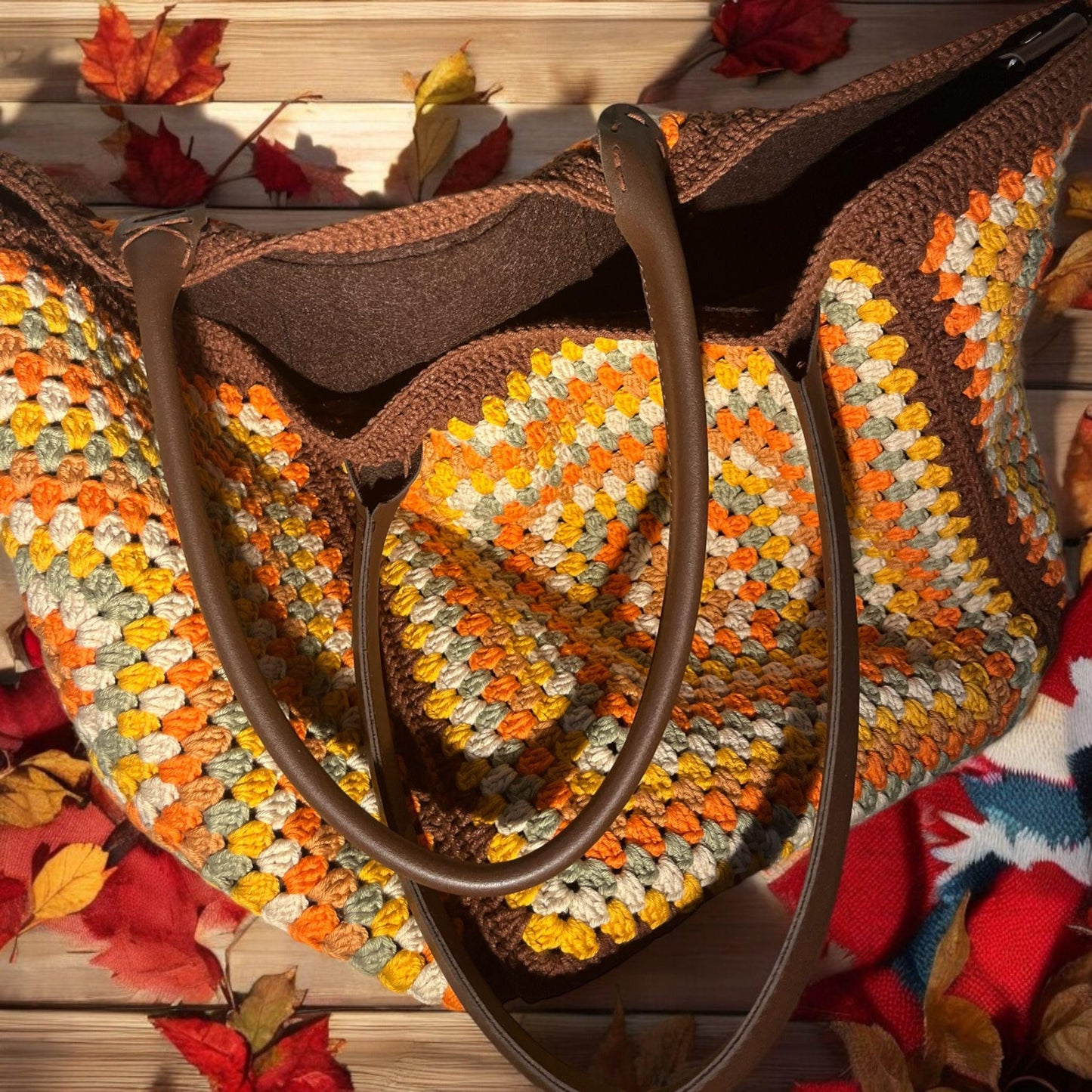 XXL Granny Square Crochet Bag: Autumn Colors, Leather Handles