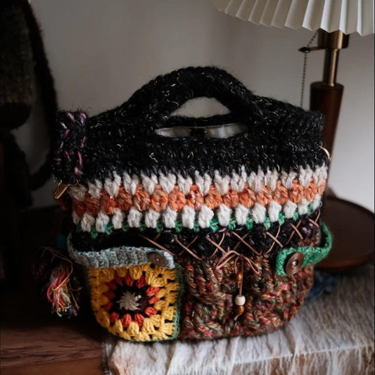 Handmade Crochet Tote Bag, "Wanderer's Soul" Mixed Yarn Bag, Lined Crochet Tote with Granny Square, Leather Button Detail, Boho Travel Purse