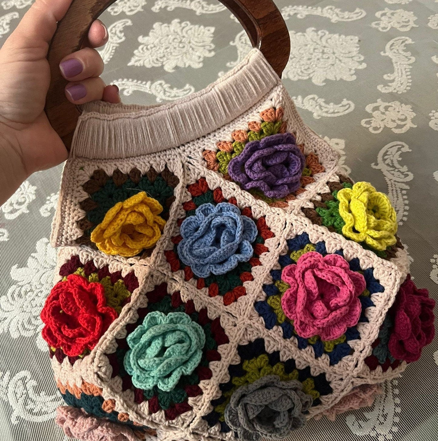 Vintage style rose granny squares crochet bag wooden frame unique special day present