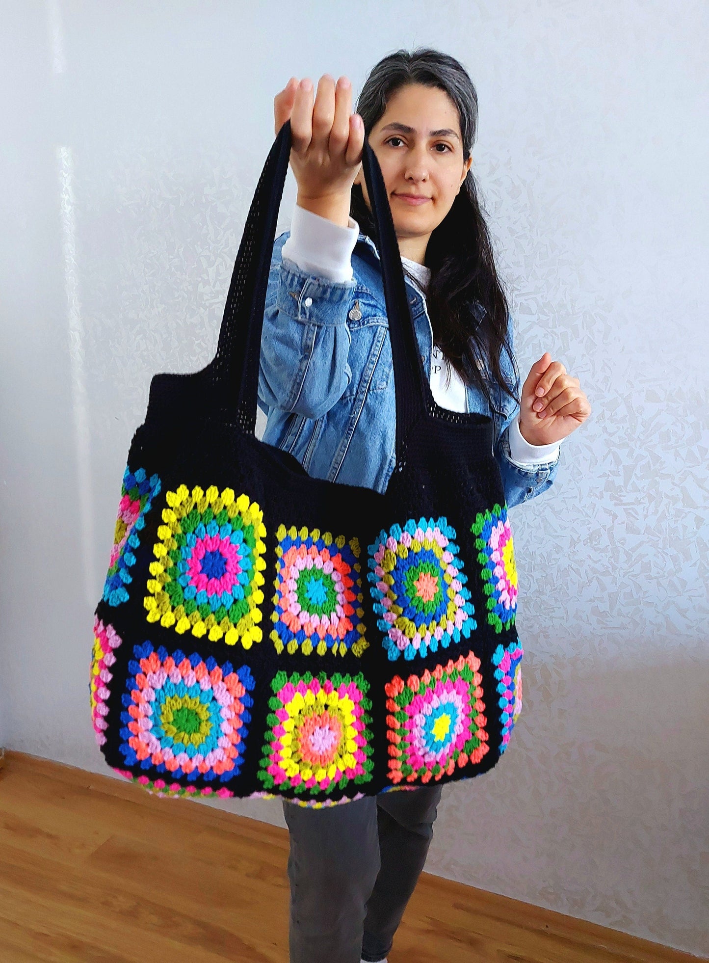 Crochet Granny Square Tote Bag: Colorful Handbags for Women, Custom Beach Bag, Spring Style