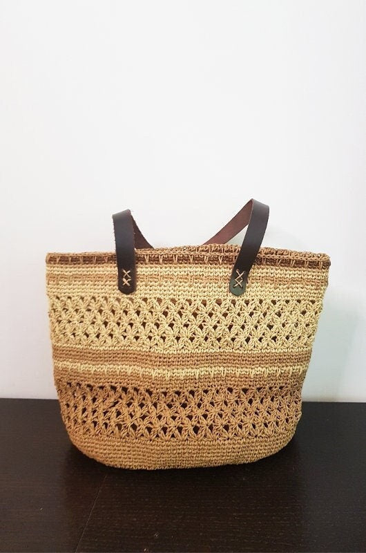 Boho Raffia Crochet Tote Bag, Handmade Summer Beach Purse with Leather Handles