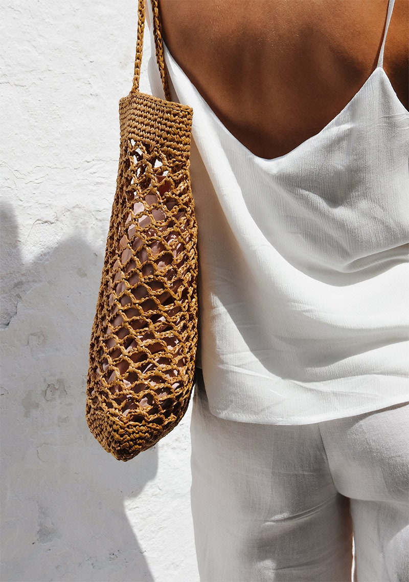 Raffia Net Bag in Tan, Crochet Raffia Tote, Summer Tote Bag, Straw Mesh Bag, Handcrafted Tote, Net Shoulder Bag