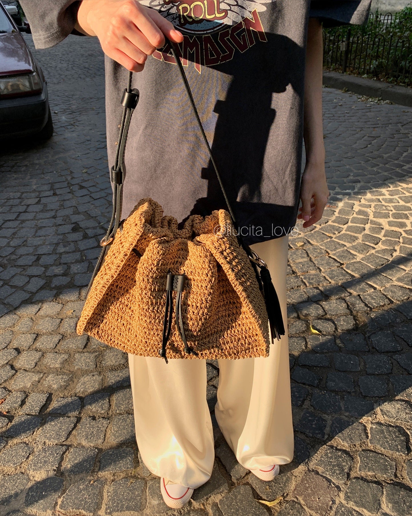 Handmade Raffia Handbag, Luxury Crochet Bucket Bag, Twisted Raffia Stylish Summer Bag, Handicraft Straw Handbag Leather Strap Boho Straw Bag