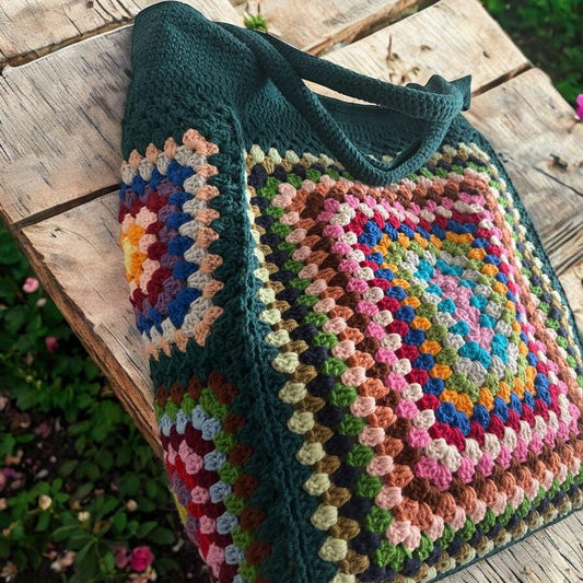 Crochet Granny Square Tote Bag: Colorful Boho Beach Bag