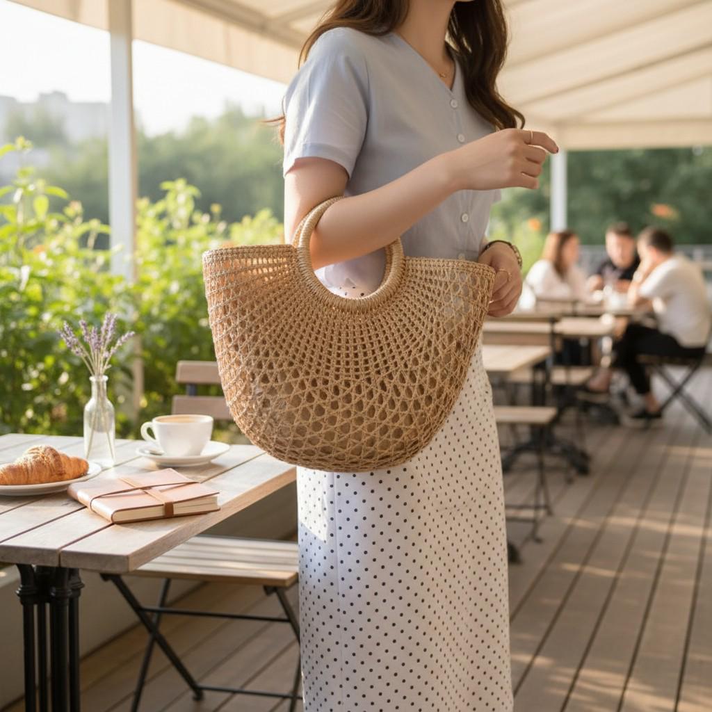 Luxury Hollow Raffia Straw Tote Bag for Women – Designer Woven Summer Beach Shoulder Handbag