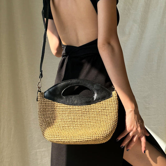 Crochet Raffia Crossbody Bag: Straw Purse with Leather Strap, Woven Bohemian Handbag, Evening Wicker Bag - Handmade Luxury Gift for Her