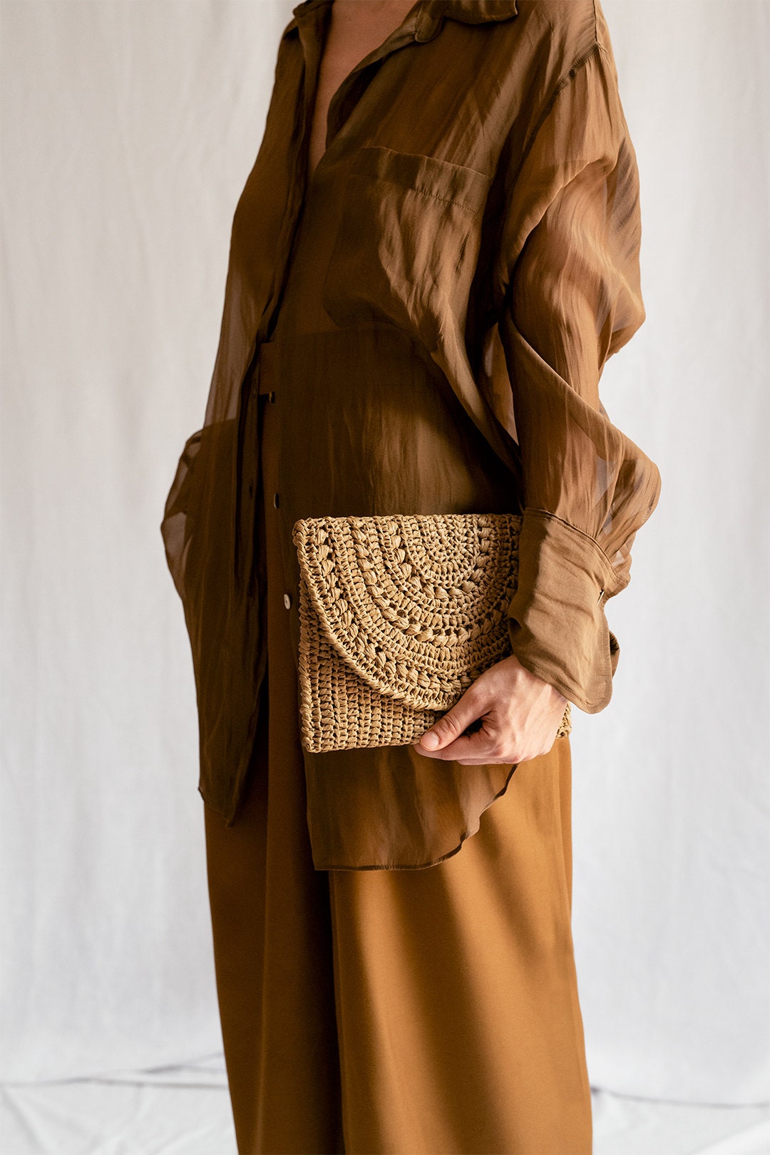 Crochet Raffia Clutch in Tan, Straw Summer Bag, Raffia Clutch Handbag, Tan Crochet Summer Bag, Crochet Straw Clutch  — Marigold Bag