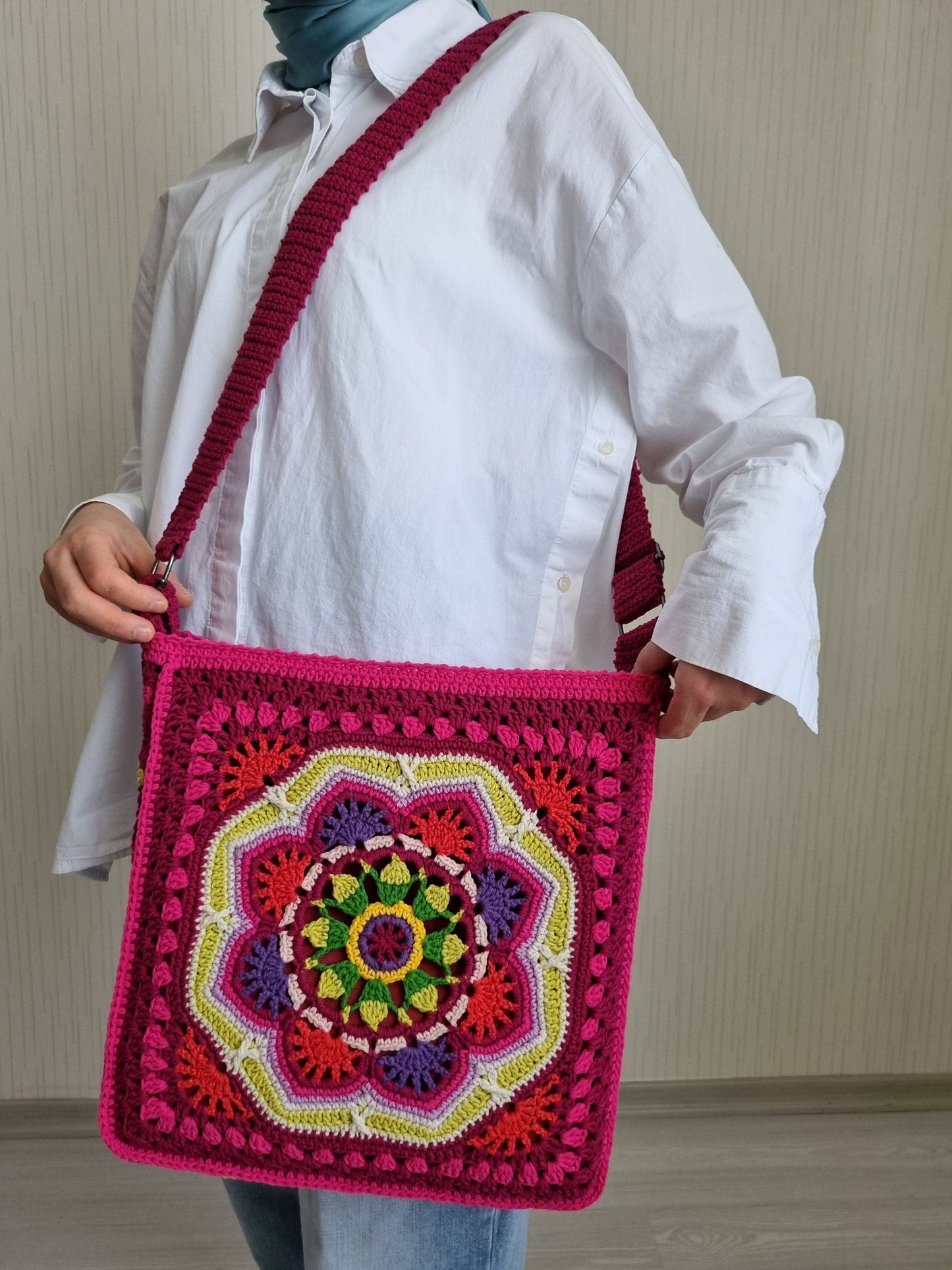 Handmade Granny Square Crochet Bag: Cherry Red Crossbody, Winter Style Gifts